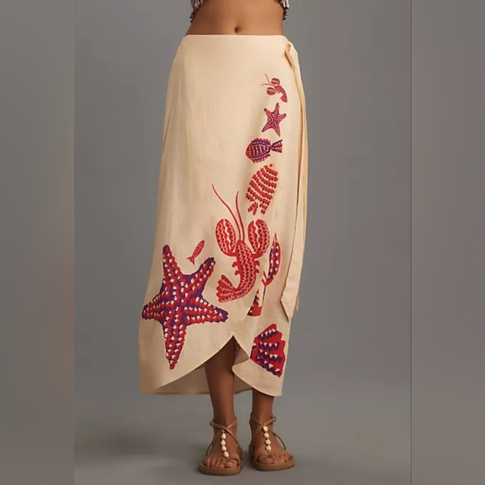 Beige Wrap Maxi Skirt with Red Starfish Print